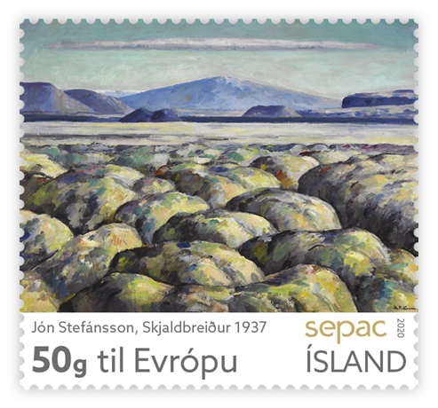 701A Sepac stamp 2020. Artwork from the National Gallery of Iceland - Jón Stefánsson – Skjaldbreiður, 1937 - Self-adhesive -50g to Europe 